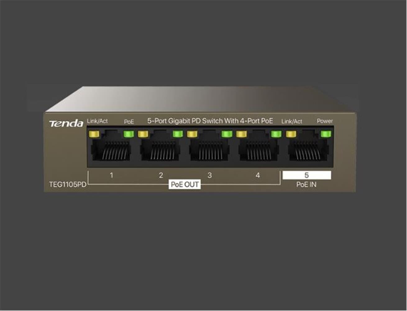 Tenda TEG1105PD 5 Port 4 Port Poe+ 1 Port Poe+ İN 10/100/1000 Switch Çelik Kasa Rack Mount