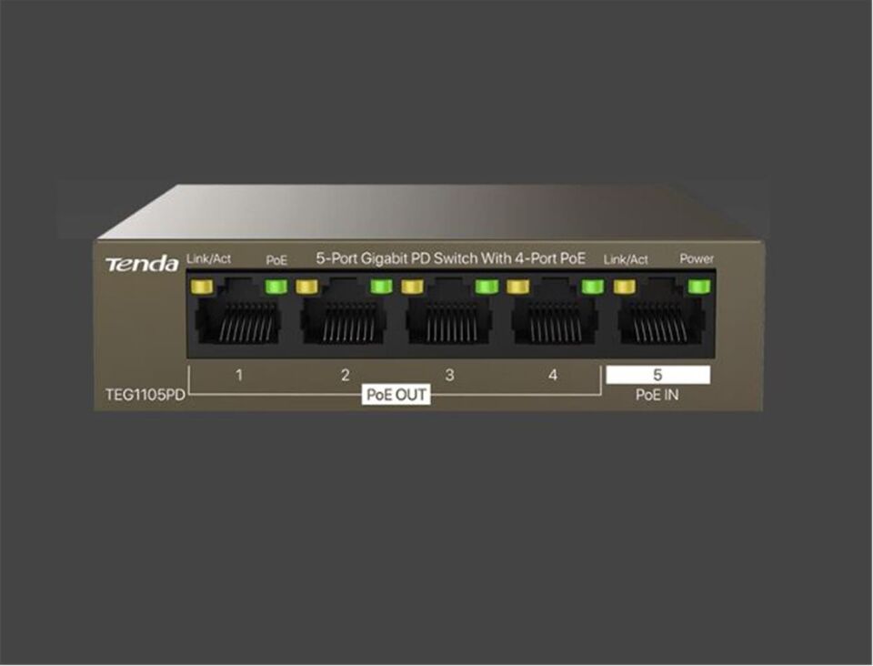 Tenda TEG1105PD 5 Port 4 Port Poe+ 1 Port Poe+ İN 10/100/1000 Switch Çelik Kasa Rack Mount
