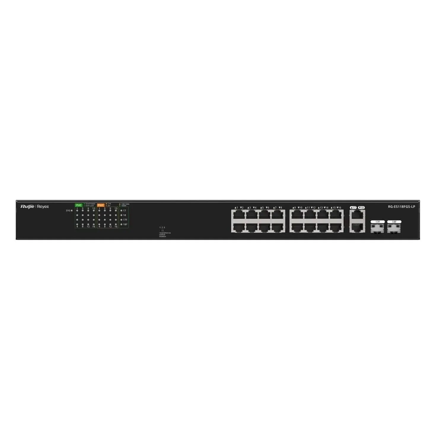 Ruijie Reyee RG-ES118FGS-LP 16-Port 10/100 Mbps PoE + 2-Port 10/100/1000 Mbps RJ45/SFP Combo Tak-Çalıştır Yönetilemeyen Switch