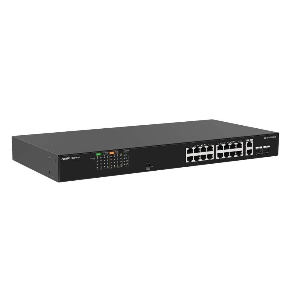 Ruijie Reyee RG-ES118FGS-LP 16-Port 10/100 Mbps PoE + 2-Port 10/100/1000 Mbps RJ45/SFP Combo Tak-Çalıştır Yönetilemeyen Switch
