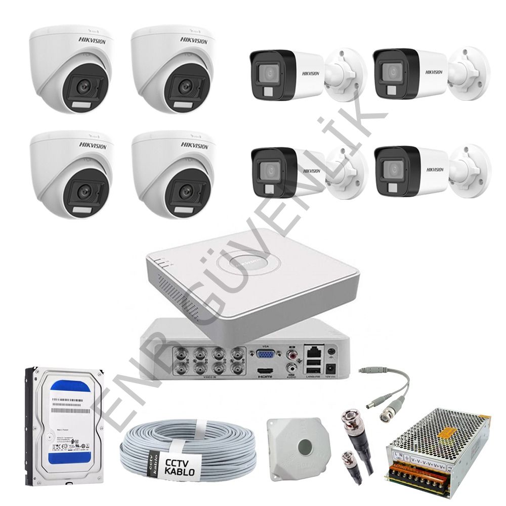 Hikvision 8 Kameralı Smart Hybrid Color İÇ - Dış Ortam Güvenlik Kamera Seti